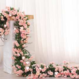 藤条塑料玫瑰花藤装饰假花婚庆空调管道缠绕遮挡藤蔓绢花植绒