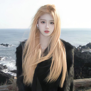 Wig for Women with Long Hair, Same Style as Rose from the Girl Group, with Bangs in the Middle, Long Straight Hair, Full Head Wig, Realistic Human-Like Middle-Parted Long Straight Hair