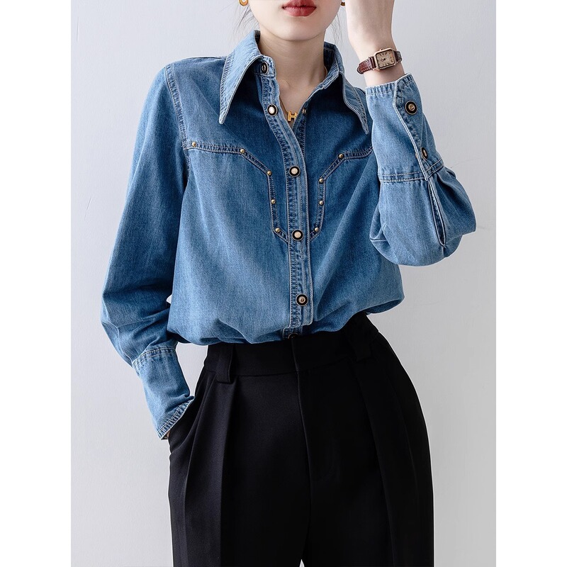 New European-Style Retro Denim Shirt for Women, Spring French-Style Loose Shirt, Versatile Long-Sleeve Denim Jacket A2971