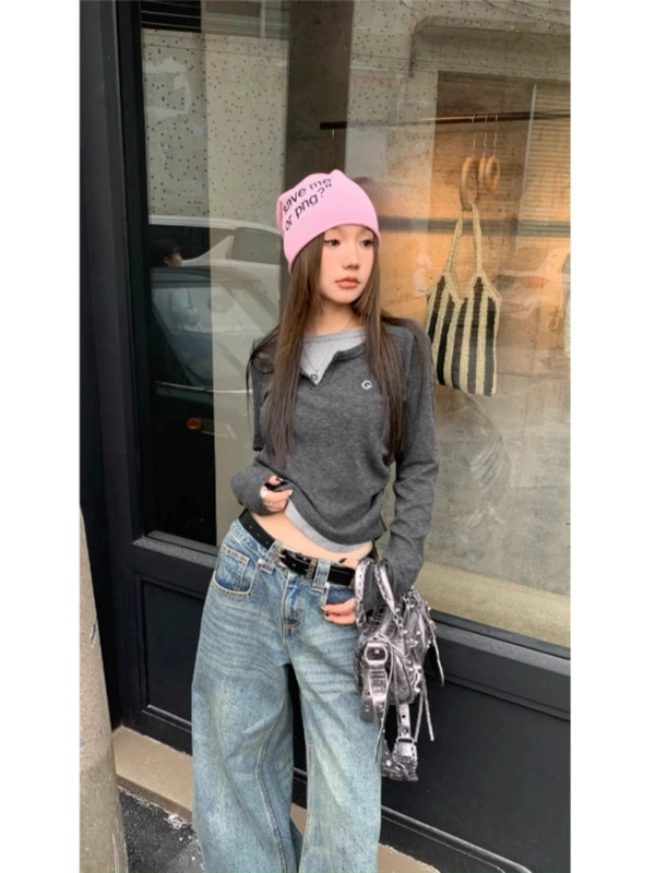 レディースtシャツ偽の2つの長袖tシャツ秋冬の中に身を修めて痩せています。|undefined