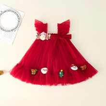 跨境童装圣诞节儿童连衣裙毛绒娃蝴蝶结无袖网纱公主裙宝宝蓬蓬裙