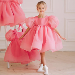 女童公主裙粉色網紗泡泡袖簡約設計感女寶寶中大童蓬蓬裙兒童禮服