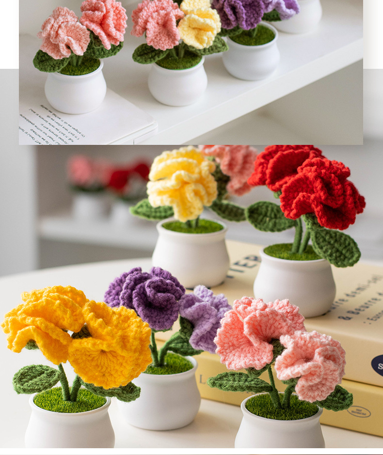 Hand-knitted double-headed carnation potted plants, finished woolen artificial flower ornaments, festival gifts, cross-border bestsellers at stalls pic 4