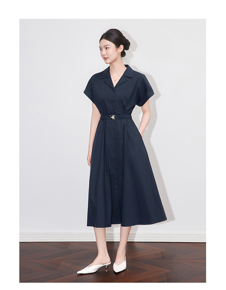 Đầm maxi nữ cổ bẻ thắt eo phong cách công sở mùa hè — Màu xanh navy chi tiết 7
