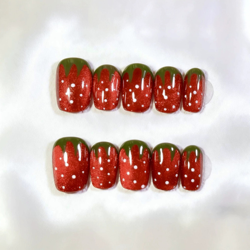 Handmade Strawberry Cat Eye Press-On Nails Cute Red Berry Brightening Fake Nails Finished Short Square Round Removable Nail Tips Handmade Strawberry Cat Eye Press-On Nails Cute Red Berry Brightening Fake Nails Finished Short Square Round Removable Nail Tips