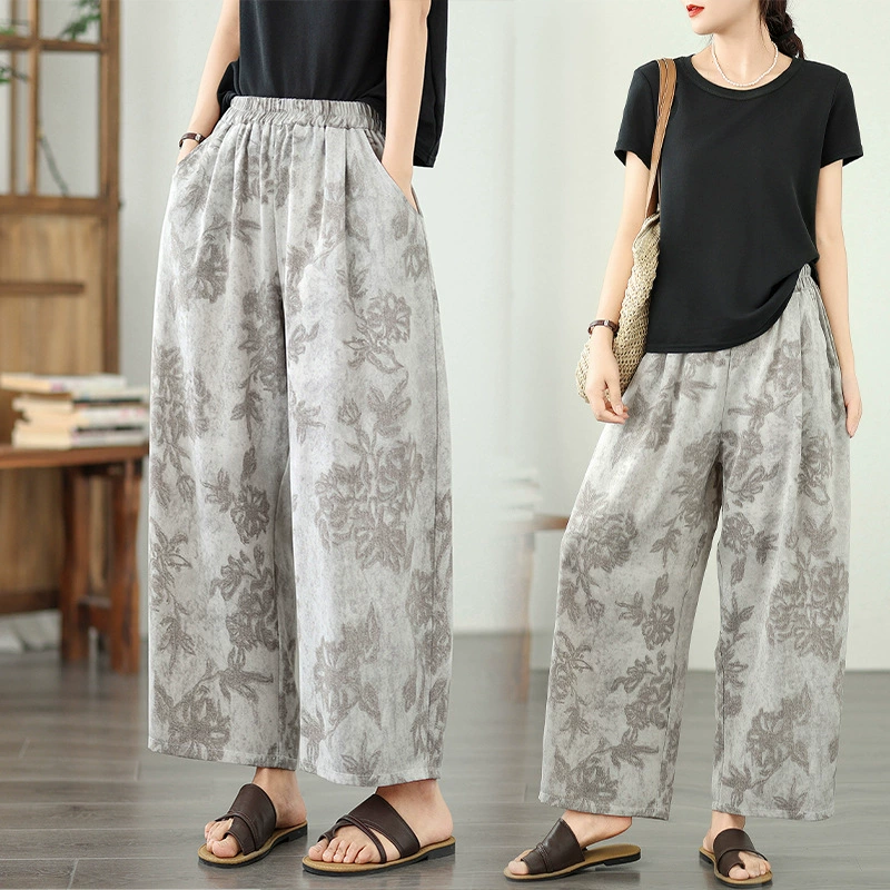 Настоящая летняя тонкая свободная широкая брюки с ретро-принтом, повседневные темпераментные универсальные прямые брюки с высокой талией