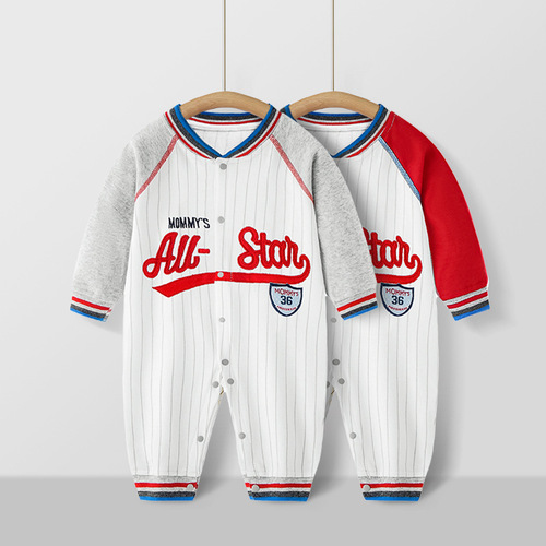 Fashionable and cute baby clothes, Internet celebrity baby jumpsuits, spring and autumn long-sleeved baseball uniforms, pure cotton romper suits for boys