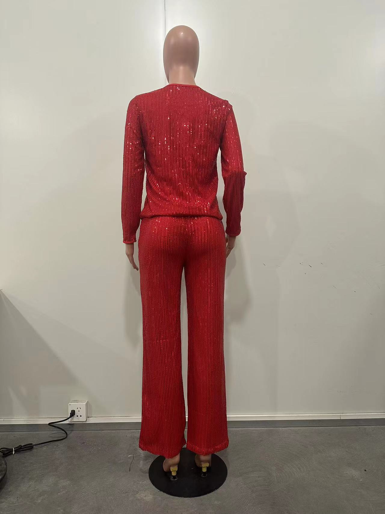Women's Clothing new sequined solid color long sleeved trousers two piece set_voghion.com