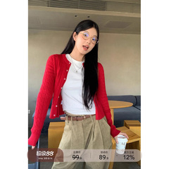 红人馆红色针织开衫女秋季新款内搭打底上衣短款长袖气质慵懒毛衣