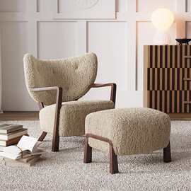 斯维美伍尔夫休闲椅奶茶棕法式复古风实木中古风羊羔绒单人沙发椅