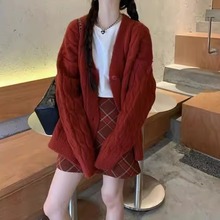 针织开衫毛衣外套女春秋冬季高中初中学生大童红色本命年麻花上衣