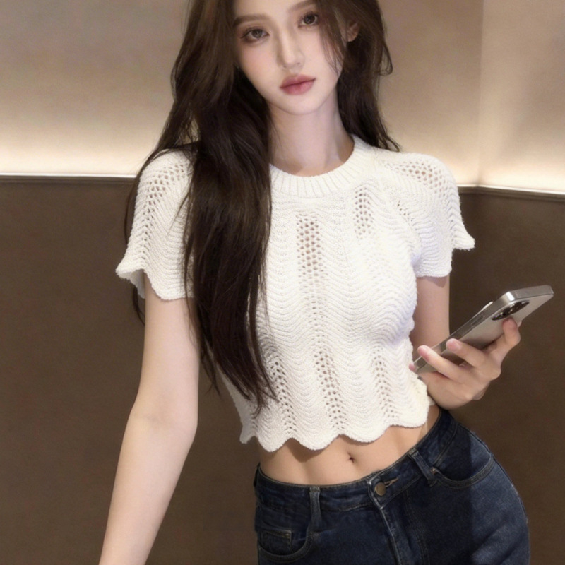 Gorgeous White Slim-Fit Short-Sleeve Knit Top for Women, Spring Ootd Outfit, Spicy Girl Short Crop Top T-Shirt