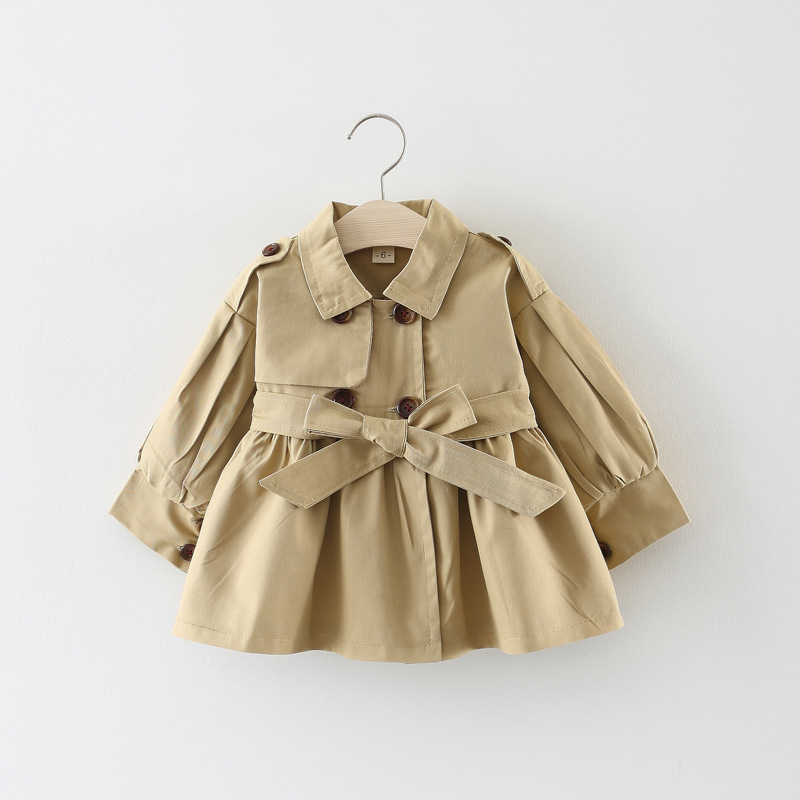 Children's Clothing Girls' Outwears Spring and Autum Kidsren's Baby Pure Color Versatile Mid-Length Belt Windbreaker Outerwear Kidsren's Autum Clothing