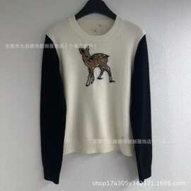 小香cha蝴蝶结小鹿提花撞色冰月针织毛衣女25秋冬圆领长袖气质