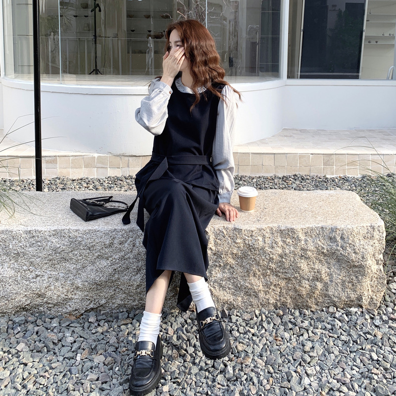 深蓝色假两件拼接上衣半身裙套装女2025秋季新款时尚名媛风两件套|undefined
