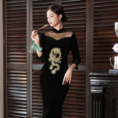 Black wine colored velvet cheongsam Retro oriental Qipao Chinese Dresses for women Chinese Wedding Party toast banquet dresses Bridal cheongsam dress