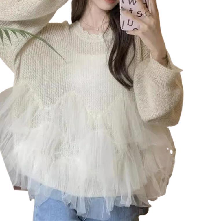 大码300斤胖妹妹网纱拼接毛衣女秋冬新款外穿宽松百搭时尚针织衫|undefined
