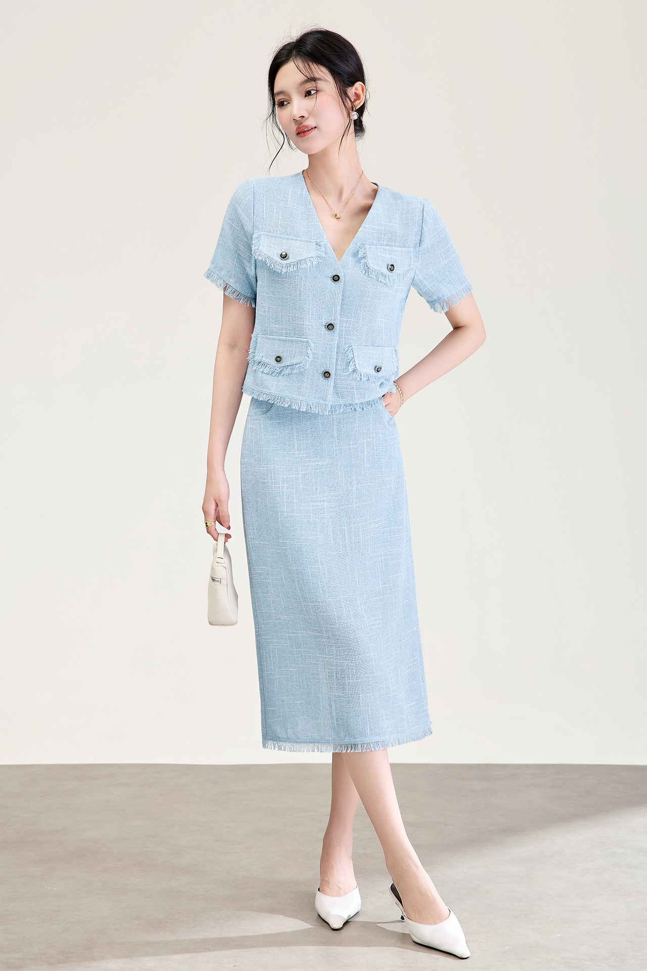 Bộ hai mảnh áo tay ngắn kiểu Chanel + chân váy midi cao cấp nữ mùa hè — xanh lam