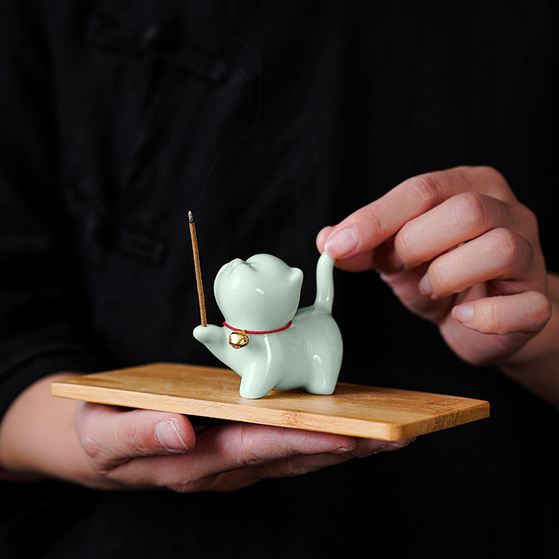 Cute Ceramic Kitten Incense Burner, High-end Tea Pet, Tea Ceremony Accessory, Cartoon Decoration.