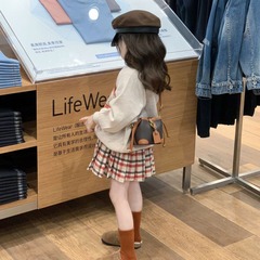 韓版童裝2023新款秋冬女童印花加絨長袖衛衣毛呢格子半裙兩件套裝