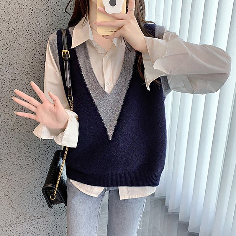 迷人拼色针织背心女 简约v领百搭宽松休闲坎肩韩版无袖毛衣马甲潮