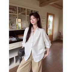 韩系设计感V领中袖白色衬衫女装夏季2025新款宽松显瘦收腰上衣潮
