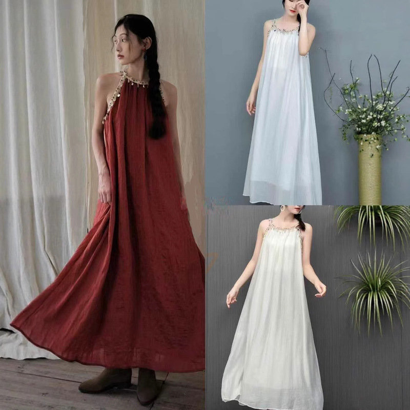 Yunnan Dali Travel Wear Holiday Style Slip Dress Sequin Embellished Retro Red Sleeveless dress Women's Long Dress
