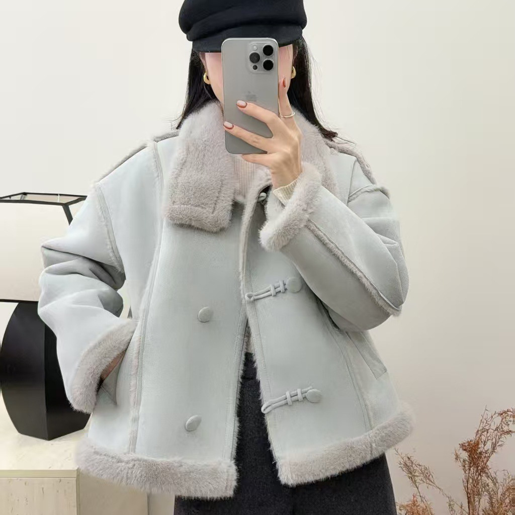 Lapel Fur Integrated Lamb Wool Outwear for Women, Autumn and Winter Motorcycle Jacket, Gentle Style, Unique Design, Lamb Velvet Cotton Outwear for Women