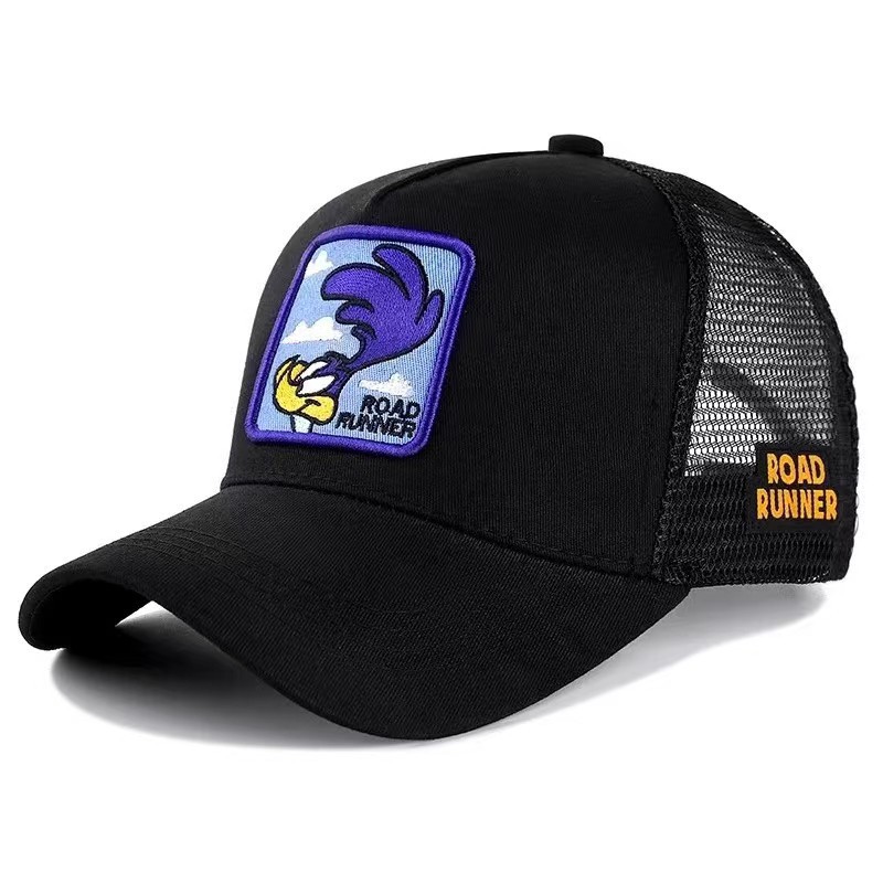 2024 nueva gorra bordada de anime de pato de dibujos animados, gorra de conductor de camión, gorra de béisbol de malla extraña de boca grande