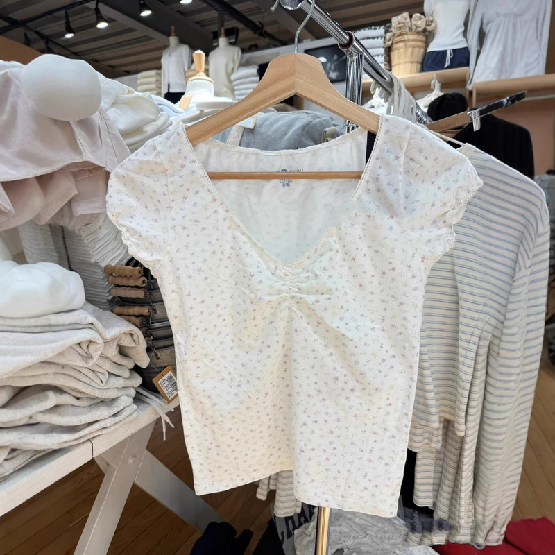 BM Style American Style Pleated V-Neck Lace Bow Lavender Floral Bm Short Sleeve Top Pure Slim Top