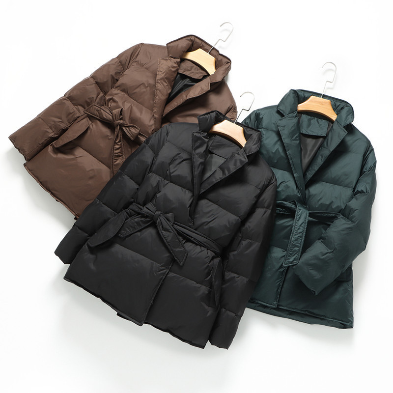 Cross-Border Autumn and Winter New Korean Style Mid-Length down Jacket Women's Stand-Up Collar Belt Slimming White Duck down Simple Jacket Cross-Border Autumn and Winter New Korean Style Mid-Length down Jacket Women's Stand-Up Collar Belt Slimming White Duck down Simple Jacket