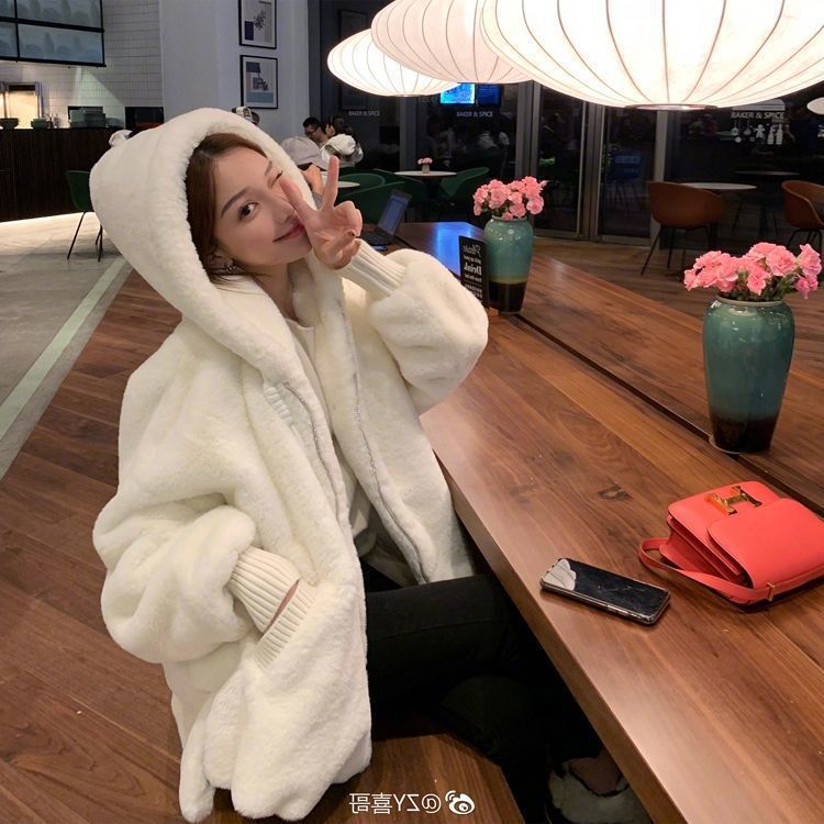 Autumn And Winter Lamb Wool Imitation Fur Plush Coat Women's Young Mid-Length Imitate Rex Rabbit Fur Hooded Loose Overco_voghion.com