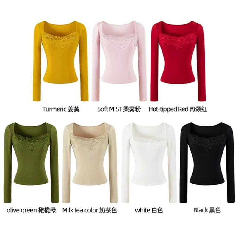 2026 Autumn New Style Hot Girl Square Neck Lace Trim Long Sleeve T-Shirt for Women, Stretch Slim Fit Base Shirt, Short Inner Layer Top 2026 Autumn New Style Hot Girl Square Neck Lace Trim Long Sleeve T-Shirt for Women, Stretch Slim Fit Base Shirt, Short Inner Layer Top