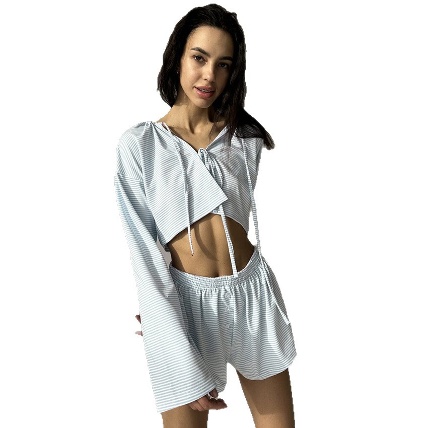 ChicShe 2025 European American Striped Knitted Cotton Pajamas Women, New Autumn And Winter Long Sleeve Shorts, Cross-Border_voghion.com