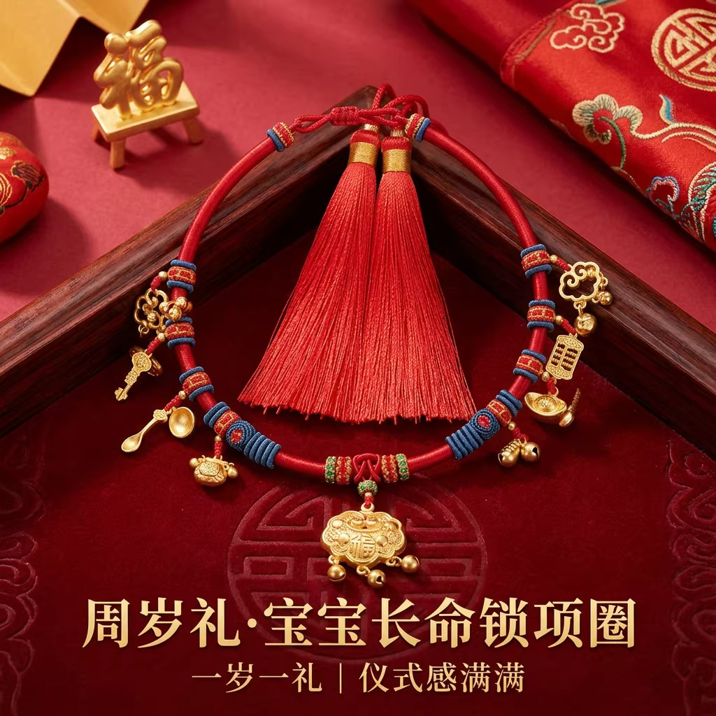 Red Hundred Blessings Lock Braided Rope Red String Gold Pendant Jewelry for 100 Days, First Birthday, Full Month, Handmade Semi-Finished Baby Necklace