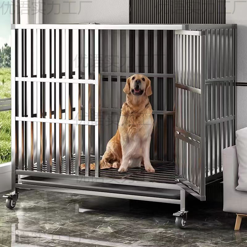 不锈钢折叠狗笼中型犬狗笼子带厕所方管室内边牧宠物金毛中大型|undefined