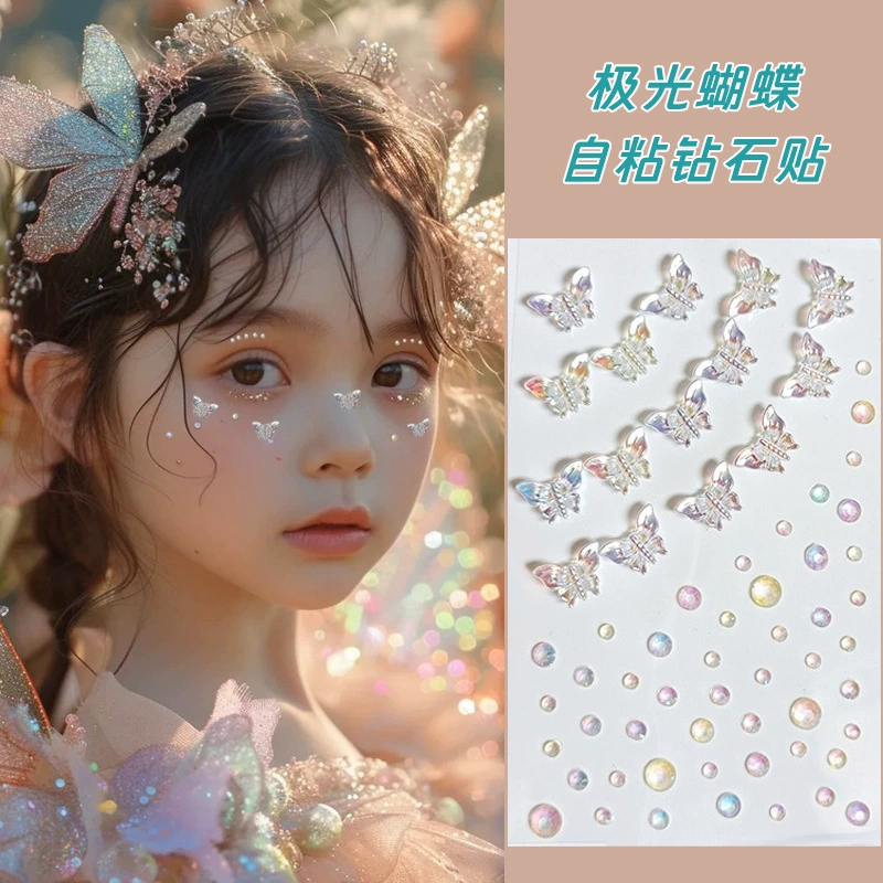 Детские наклейки для макияжа, аксессуары для лица, сценический макияж, наклейки для лица со сверкающими бриллиантами, тюлевые жемчужины-бабочки Авроры