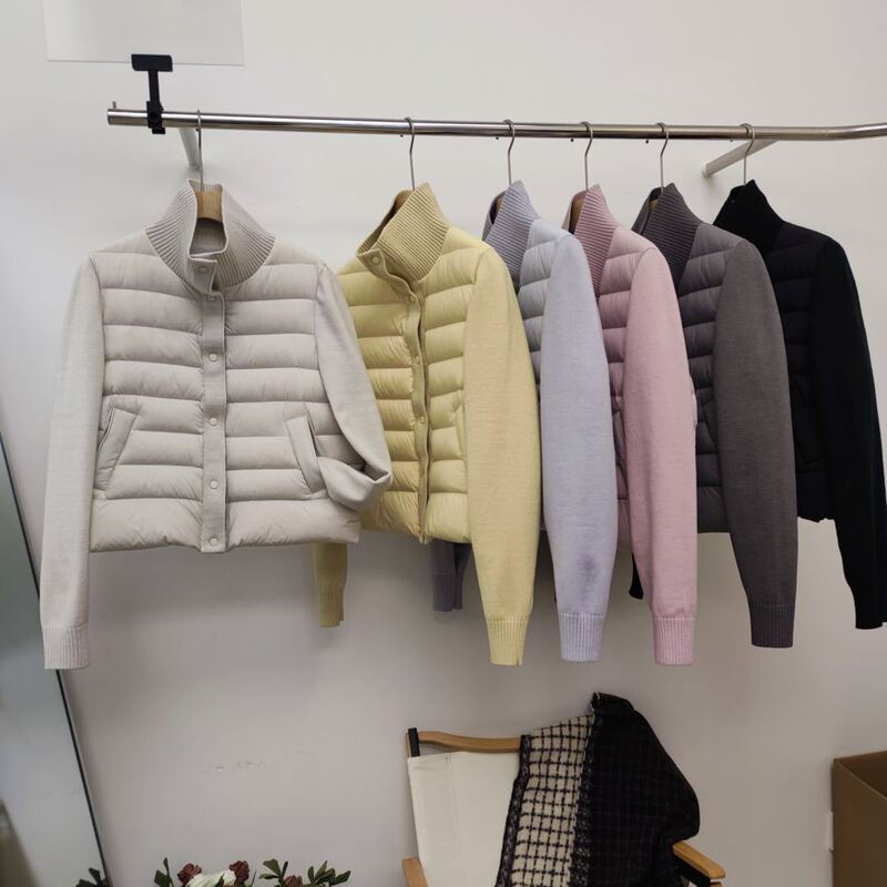 Knitted Stand-Collar Patchwork down Jacket for Women, Short Style, 2026 Winter New Model, Lightweight Ribbed Base Coat for Petite Figures