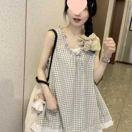 可爱甜美格子上衣女夏文艺森系田园风小个子2025新款无袖背心衬衫