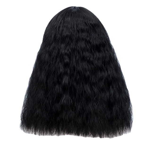 Peluca sintética Peluca de mujer con flequillo inclinado Superficie de espuma rizada Bigotes de maíz Pelo rizado largo y esponjoso Blanco Negro y dorado_voghion.com