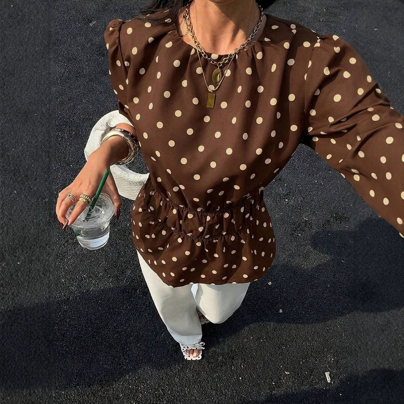 Cross-border summer retro personalized design elastic waist design waist-cinching versatile casual wear printed shirt for women Cross-border summer retro personalized design elastic waist design waist-cinching versatile casual wear printed shirt for women