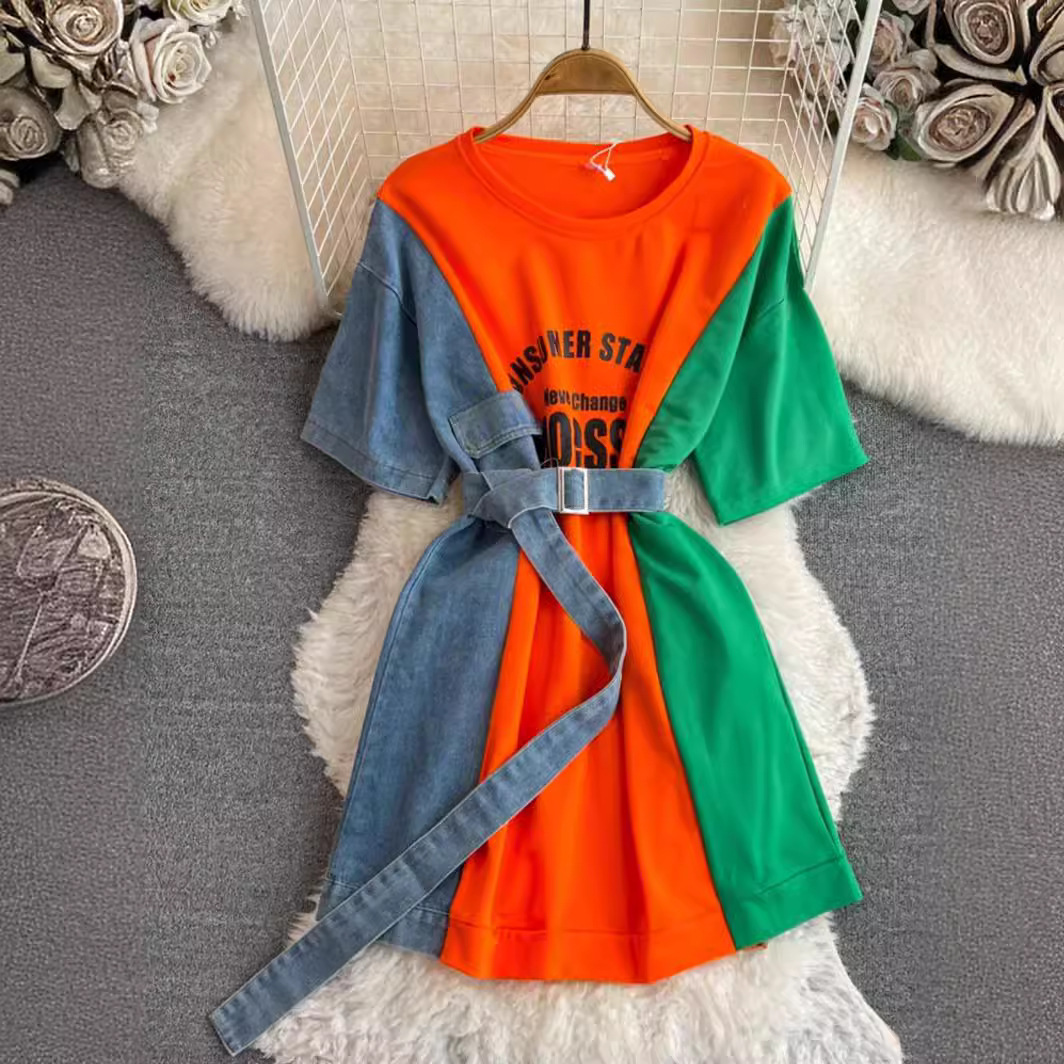 Women's Clothing Denim print splicing t shirt dress design round neck waist slimming a line dress_voghion.com