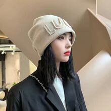 女士堆堆帽秋冬字母LUCK冷帽百搭套头帽显脸小包头贴布帽子圆顶