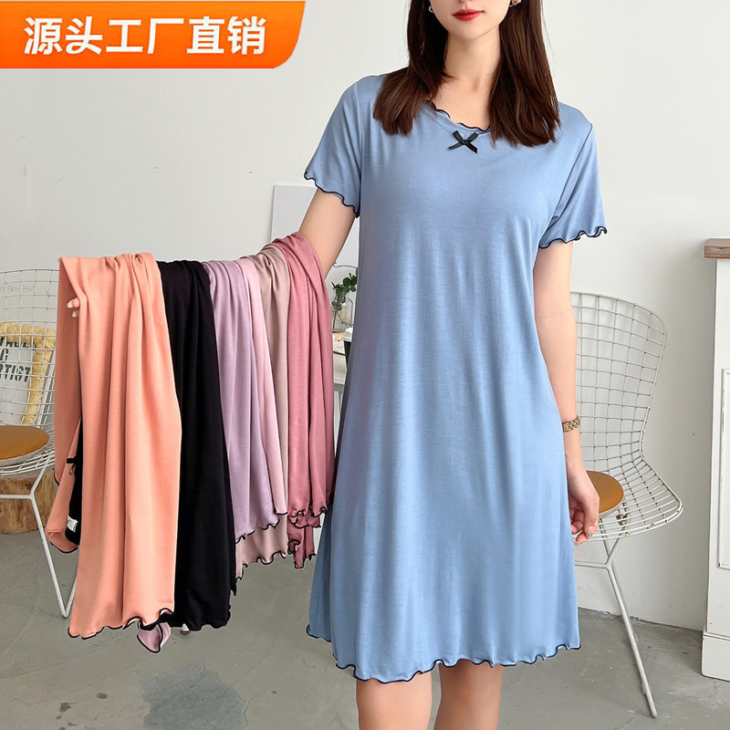 Modal Nightdress Women's Summer Large Size Pajamas Loose Dress Outer Wear Short-sleeved Home Dress Ear Midi