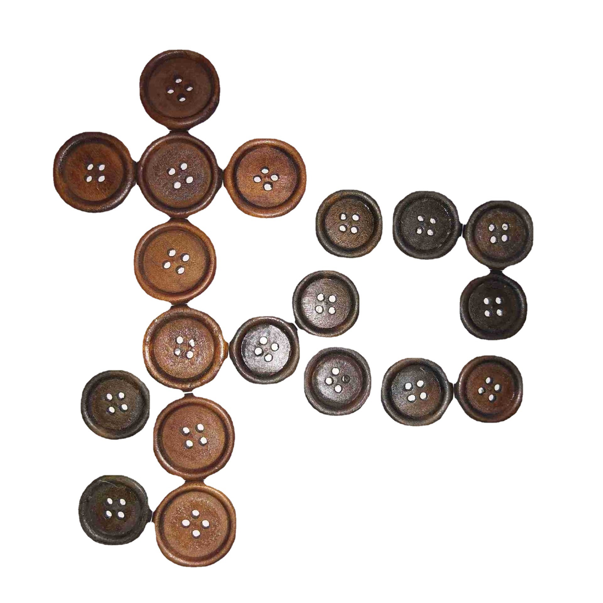 天台彩印花木质圆形有眼四孔天然木头小纽扣子桃心形钮扣厂家直销