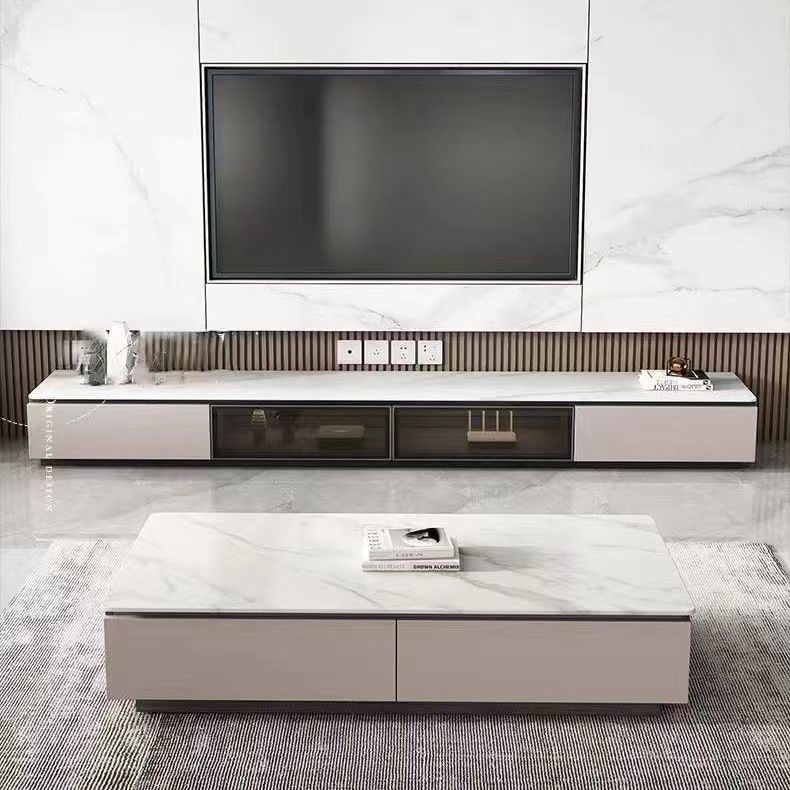 Italian Cream Style Light Luxury Minimalist Rock Board Solid Wood TV Cabinet Floor-Standing Simple Modern Living Room Combination Storage Floor Cabinet