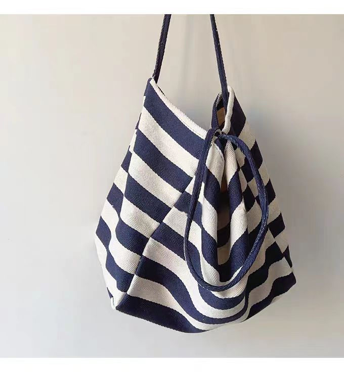 Contrast Stripe Canvas Tote Bag, Large Capacity Shoulder Bag_voghion.com