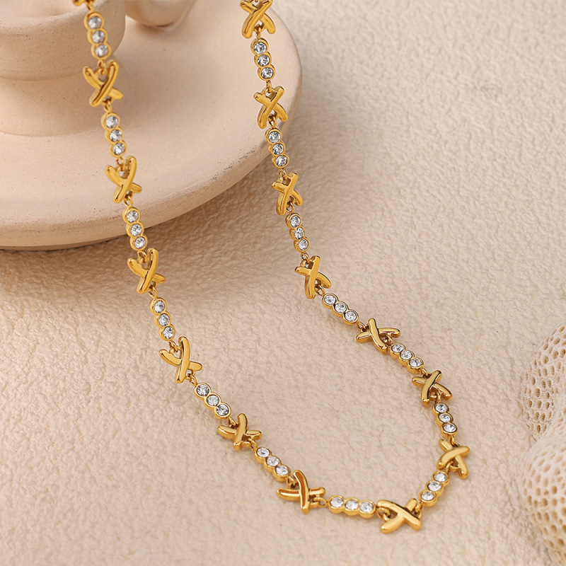 Qianbaiyi ジルコンホワイトダイヤモンドブレスレットステンレス鋼メッキ 18 K ゴールド X 字型ネックレス絶妙なファッションネックレスハンドジュエリー卸売|undefined