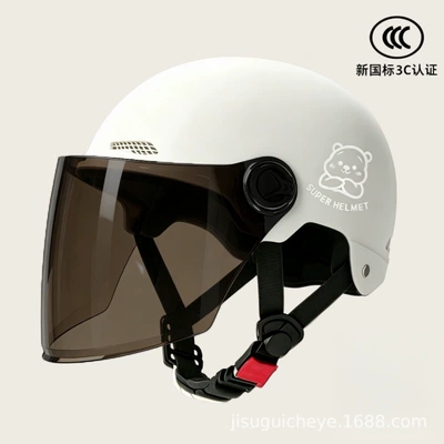 all-season safety helmet, adult half — Motosiklet kaskı (dəbilqə) - white-and-brown-long-mirror-silver-white-bear
