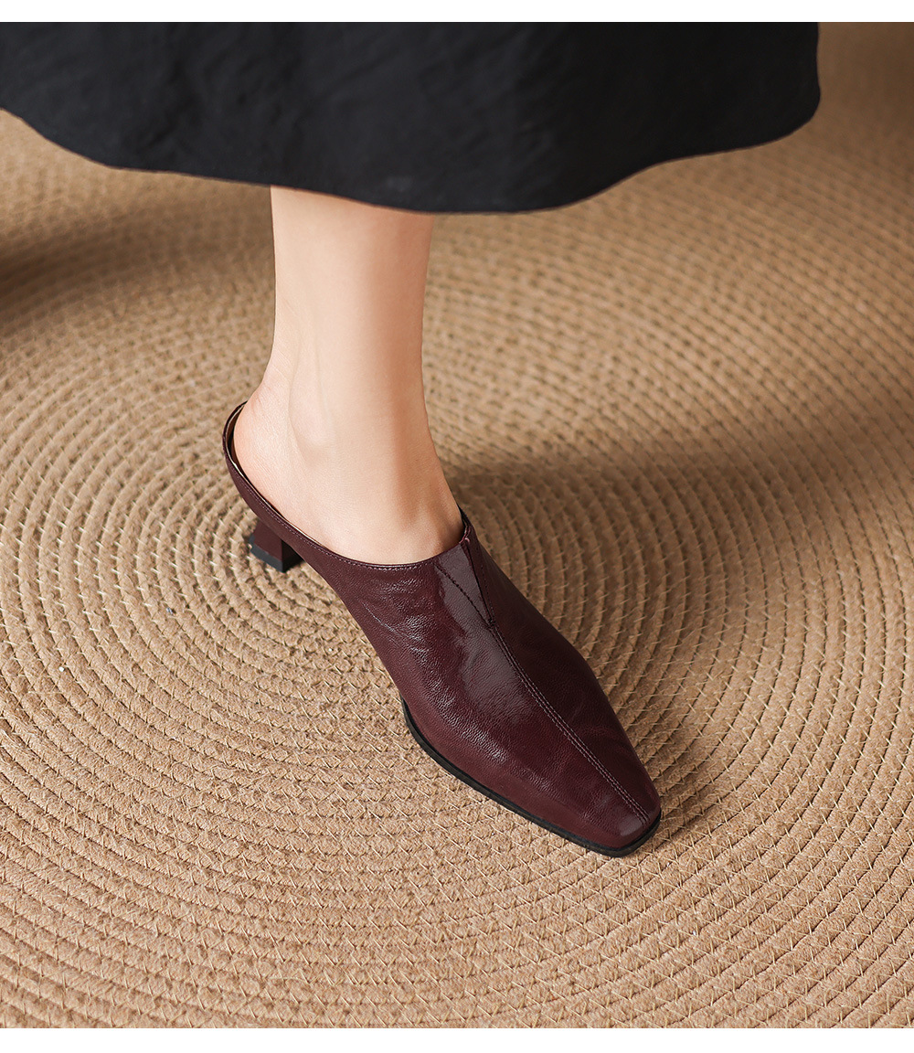 Sandal nữ bít mũi cao gót thô 5 cm, da bò mùa xuân hè — đen chi tiết 15